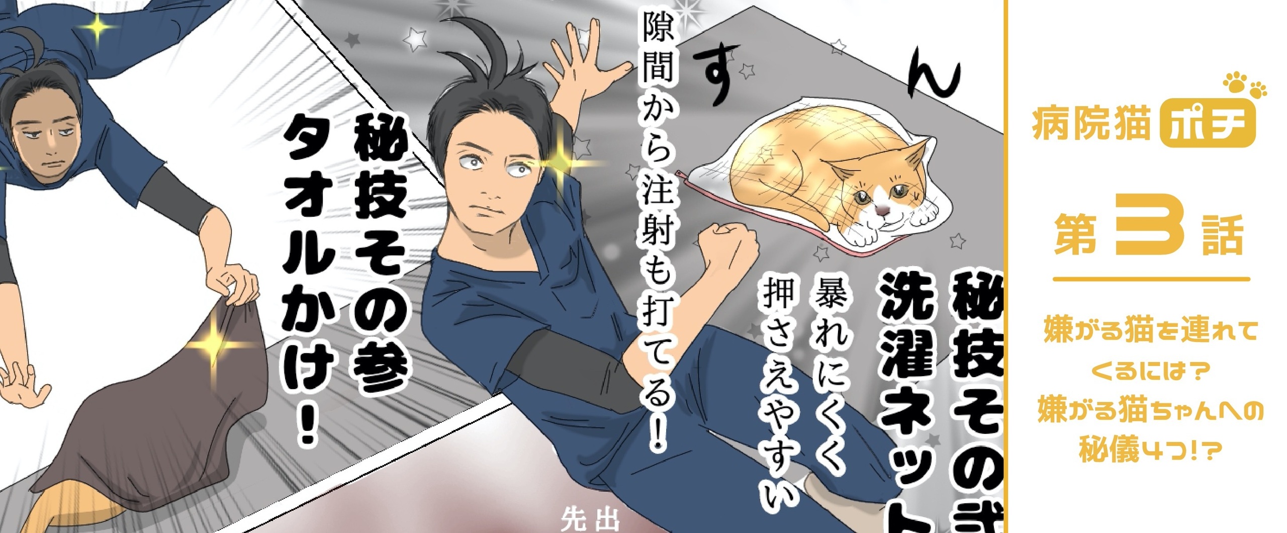 【猫マンガ vol.3】「病院猫ポチ」３話　嫌がる猫を連れてくるには？嫌がる猫ちゃんへの秘儀４つ！？