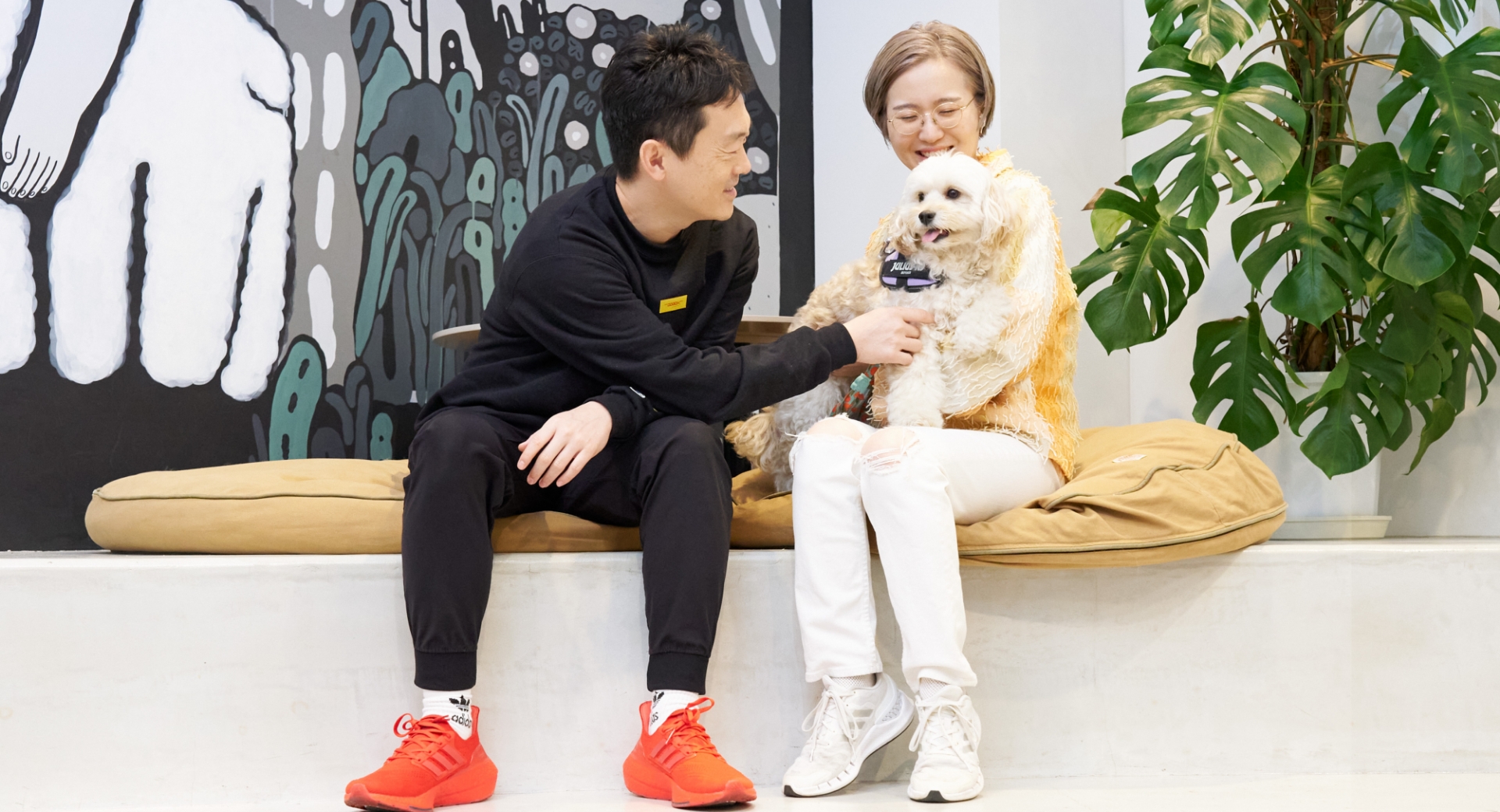 笑顔で映る獣医師の中村 篤史 先生とオーナーの大河さんとコッカプーのビールくん